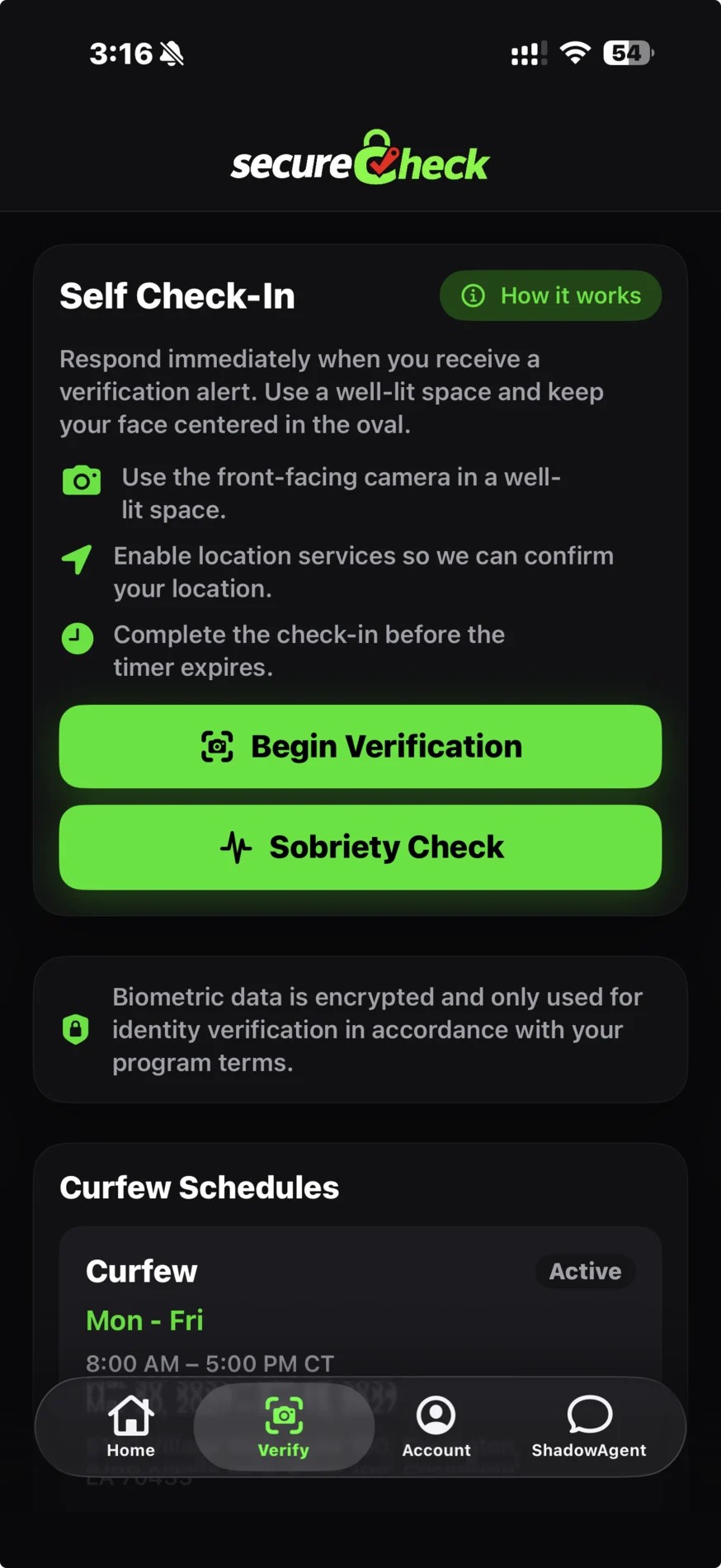 Shadowtrack SecureCheck app open to the self check-in screen