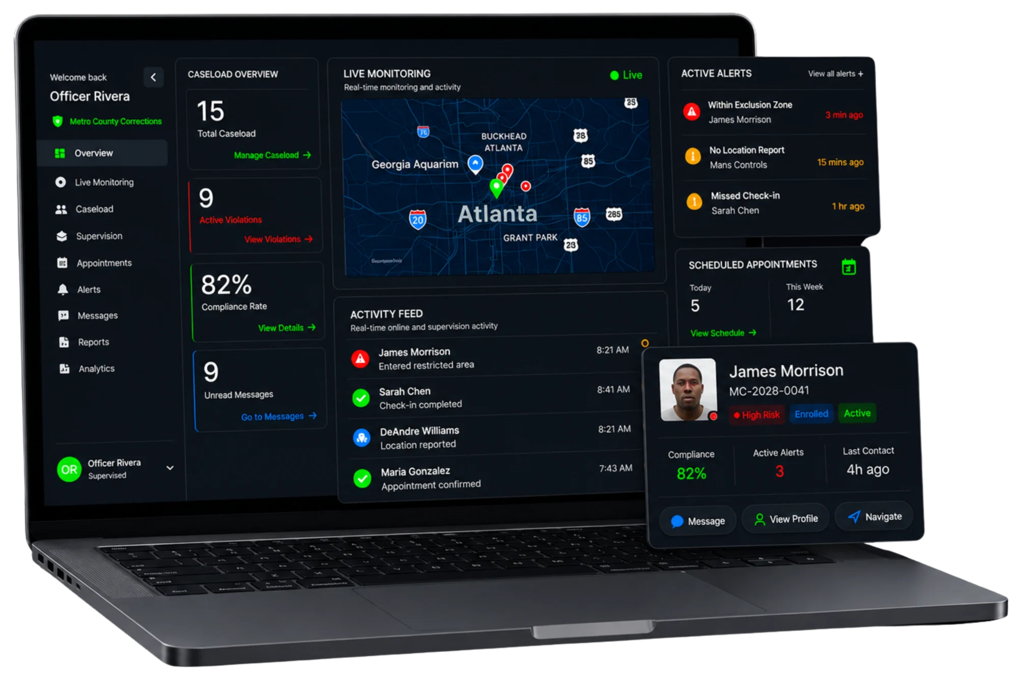 Shadowtrack officer dashboard on a MacBook showing caseload overview, an Atlanta live monitoring map, active alerts, an activity feed, and a floating James Morrison enrollee profile card